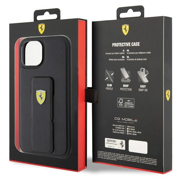 Ferrari Grip Stand dėklas iPhone 15 – juodas