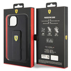 Ferrari Grip Stand dėklas iPhone 15 – juodas