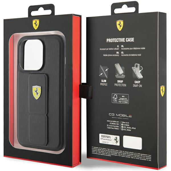 Ferrari Grip Stand dėklas iPhone 15 Pro Max – juodas