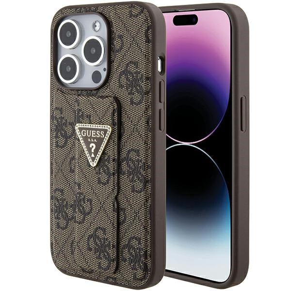 Guess Grip Stand 4G Triangle Strass dėklas iPhone 15 Pro – rudas -- iPhone 15 Pro