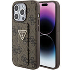 Guess Grip Stand 4G Triangle Strass dėklas iPhone 15 Pro – rudas -- iPhone 15 Pro