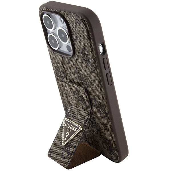 Guess Grip Stand 4G Triangle Strass dėklas iPhone 15 Pro – rudas -- iPhone 15 Pro