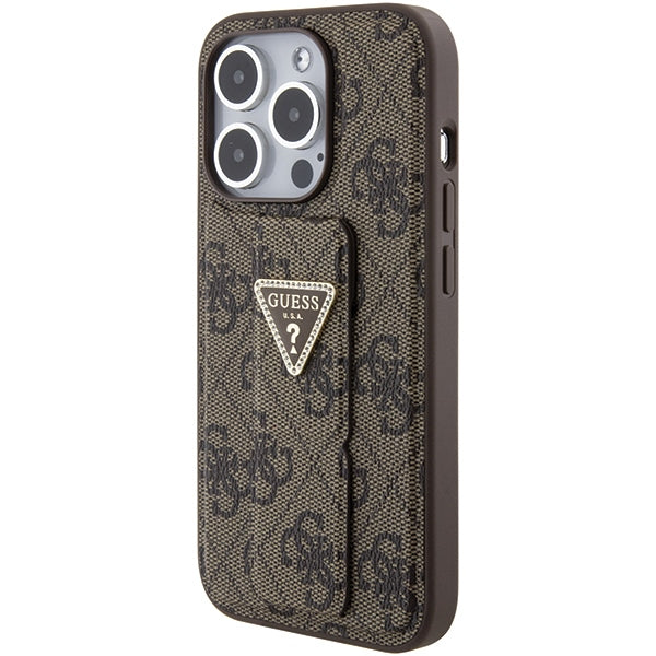 Guess Grip Stand 4G Triangle Strass dėklas iPhone 15 Pro – rudas -- iPhone 15 Pro