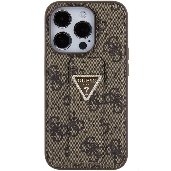 Guess Grip Stand 4G Triangle Strass dėklas iPhone 15 Pro – rudas -- iPhone 15 Pro