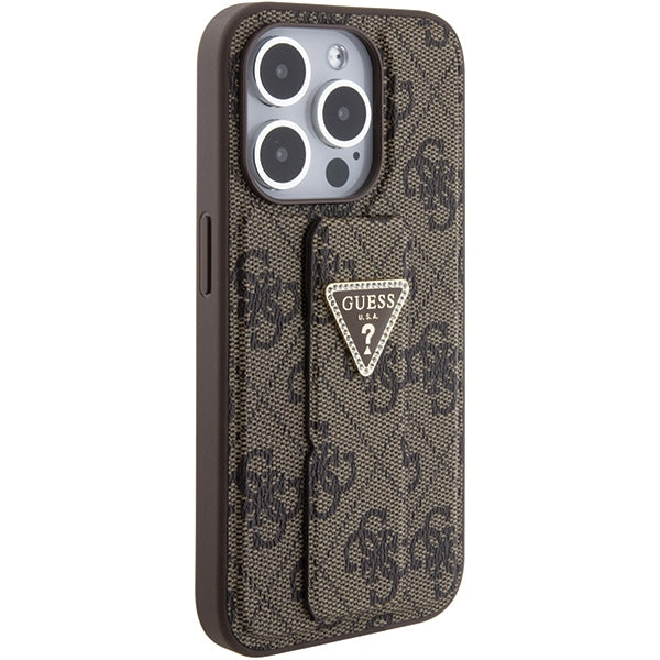 Guess Grip Stand 4G Triangle Strass dėklas iPhone 15 Pro – rudas -- iPhone 15 Pro