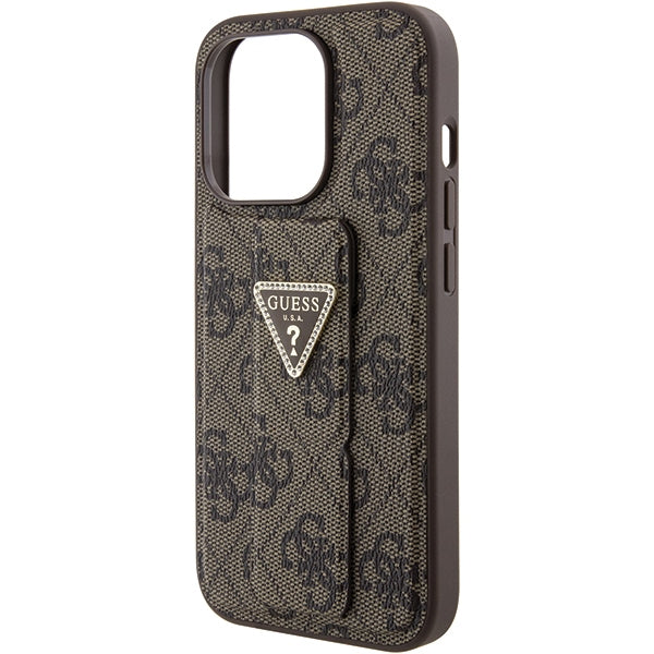 Guess Grip Stand 4G Triangle Strass dėklas iPhone 15 Pro – rudas -- iPhone 15 Pro