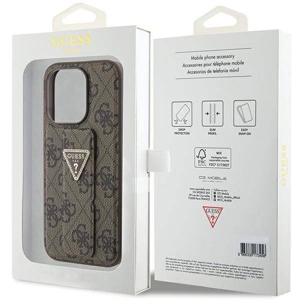 Guess Grip Stand 4G Triangle Strass dėklas iPhone 15 Pro – rudas -- iPhone 15 Pro