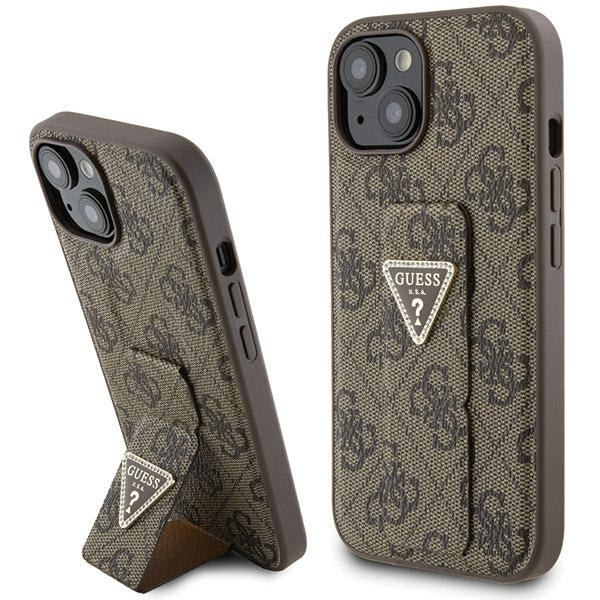 Guess Grip Stand 4G Triangle Strass dėklas iPhone 15 – rudas