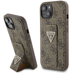 Guess Grip Stand 4G Triangle Strass dėklas iPhone 15 – rudas
