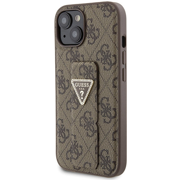 Guess Grip Stand 4G Triangle Strass dėklas iPhone 15 – rudas