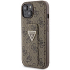 Guess Grip Stand 4G Triangle Strass dėklas iPhone 15 – rudas