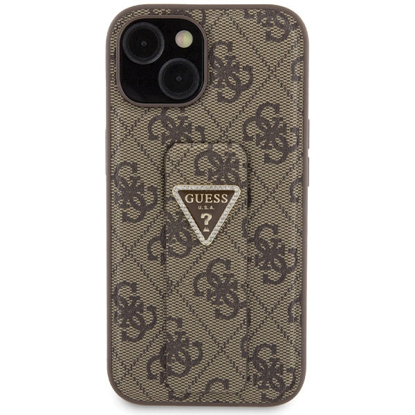 Guess Grip Stand 4G Triangle Strass dėklas iPhone 15 – rudas