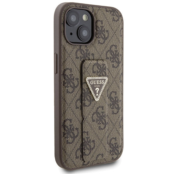 Guess Grip Stand 4G Triangle Strass dėklas iPhone 15 – rudas