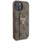 Guess Grip Stand 4G Triangle Strass dėklas iPhone 15 – rudas