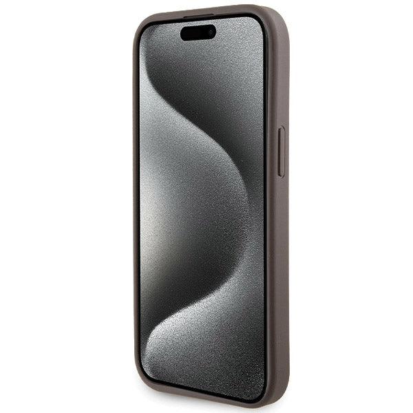 Guess Grip Stand 4G Triangle Strass dėklas iPhone 15 – rudas