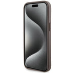 Guess Grip Stand 4G Triangle Strass dėklas iPhone 15 – rudas