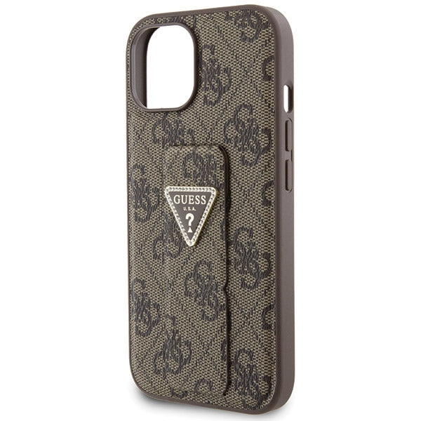 Guess Grip Stand 4G Triangle Strass dėklas iPhone 15 – rudas