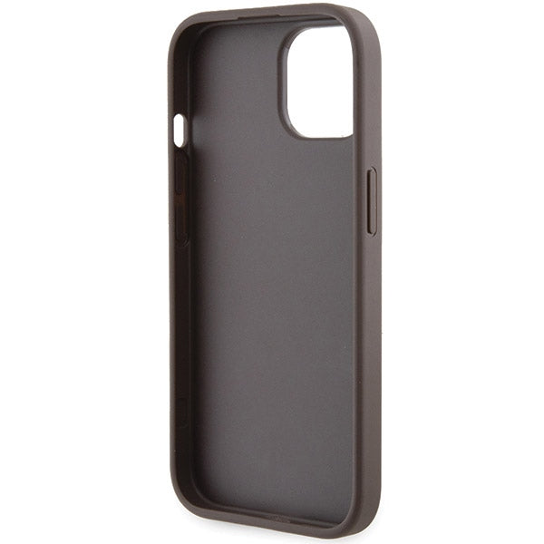 Guess Grip Stand 4G Triangle Strass dėklas iPhone 15 – rudas