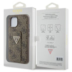 Guess Grip Stand 4G Triangle Strass dėklas iPhone 15 – rudas