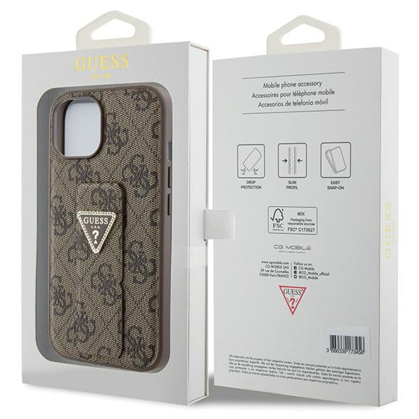 Guess Grip Stand 4G Triangle Strass dėklas iPhone 15 – rudas