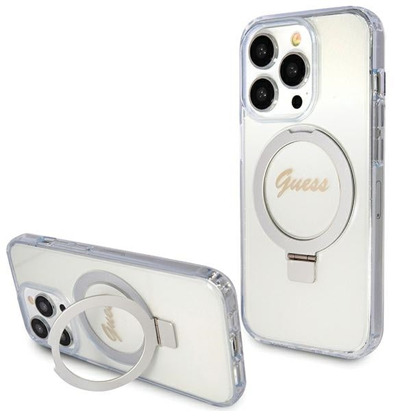 Guess MagSafe dėklas su žiedu iPhone 15 Pro – skaidrus