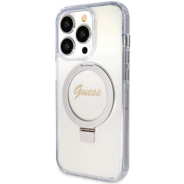 Guess MagSafe dėklas su žiedu iPhone 15 Pro – skaidrus