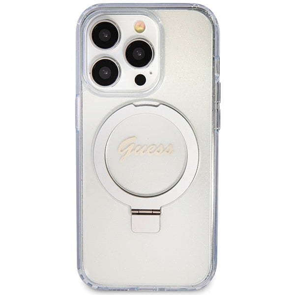 Guess MagSafe dėklas su žiedu iPhone 15 Pro – skaidrus