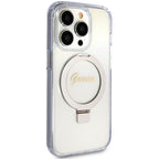 Guess MagSafe dėklas su žiedu iPhone 15 Pro – skaidrus