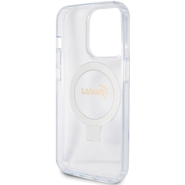 Guess MagSafe dėklas su žiedu iPhone 15 Pro – skaidrus