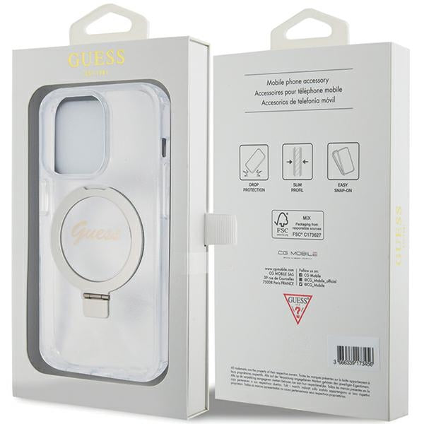 Guess MagSafe dėklas su žiedu iPhone 15 Pro – skaidrus