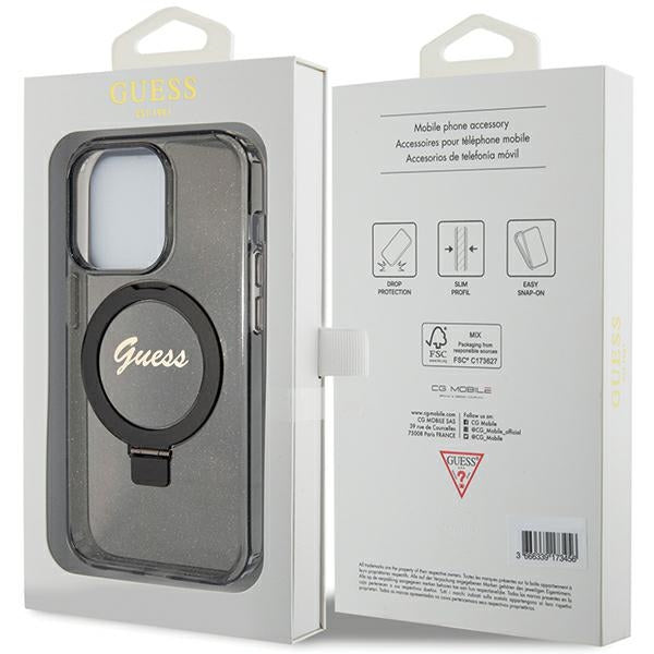 Guess MagSafe dėklas su žiedu iPhone 15 Pro – juodas