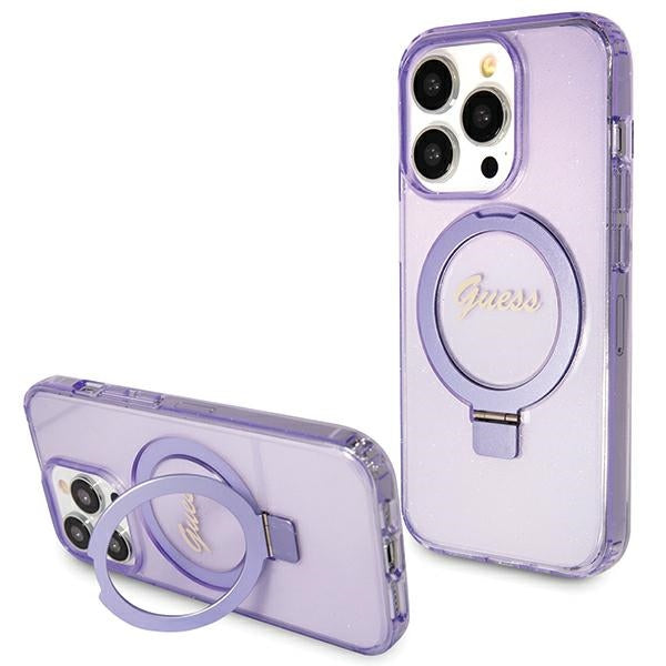 Guess MagSafe dėklas su žiediniu stovu iPhone 15 Pro – violetinis
