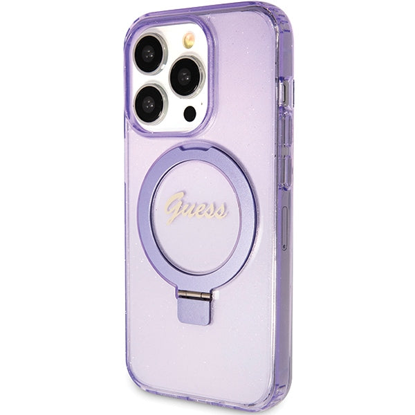 Guess MagSafe dėklas su žiediniu stovu iPhone 15 Pro – violetinis