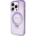 Guess MagSafe dėklas su žiediniu stovu iPhone 15 Pro – violetinis