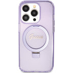 Guess MagSafe dėklas su žiediniu stovu iPhone 15 Pro – violetinis