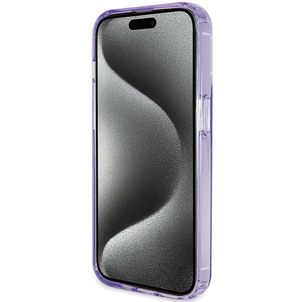 Guess MagSafe dėklas su žiediniu stovu iPhone 15 Pro – violetinis