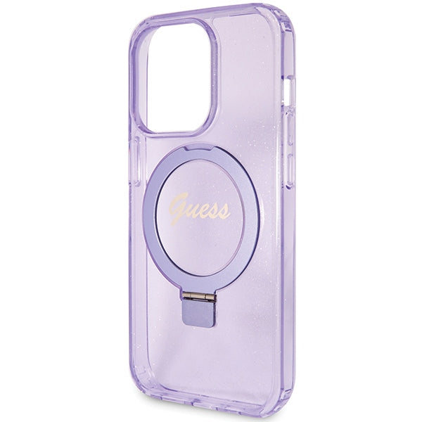 Guess MagSafe dėklas su žiediniu stovu iPhone 15 Pro – violetinis