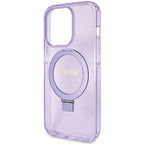 Guess MagSafe dėklas su žiediniu stovu iPhone 15 Pro – violetinis