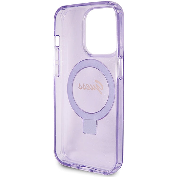 Guess MagSafe dėklas su žiediniu stovu iPhone 15 Pro – violetinis