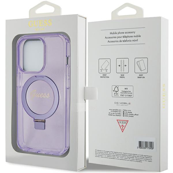 Guess MagSafe dėklas su žiediniu stovu iPhone 15 Pro – violetinis