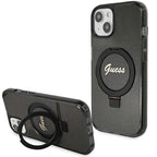 Guess MagSafe dėklas su žiedu-stovu iPhone 15 Plus/14 Plus – juodas