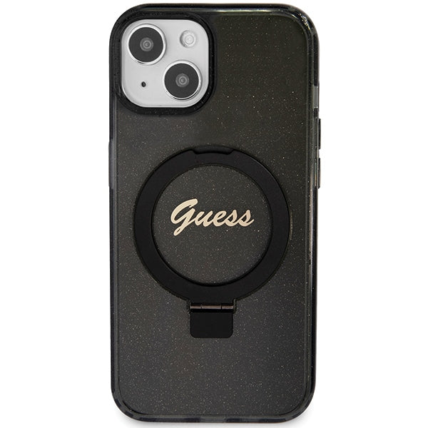 Guess MagSafe dėklas su žiedu-stovu iPhone 15 Plus/14 Plus – juodas