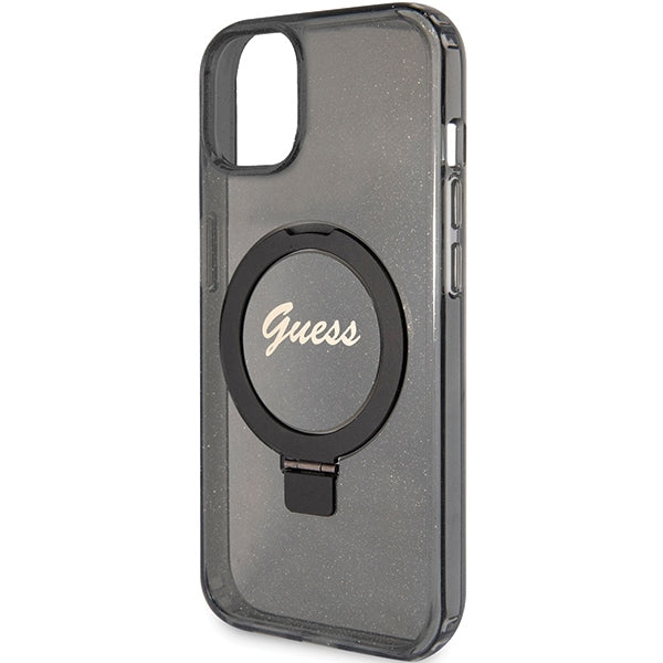 Guess MagSafe dėklas su žiedu-stovu iPhone 15 Plus/14 Plus – juodas