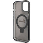 Guess MagSafe dėklas su žiedu-stovu iPhone 15 Plus/14 Plus – juodas