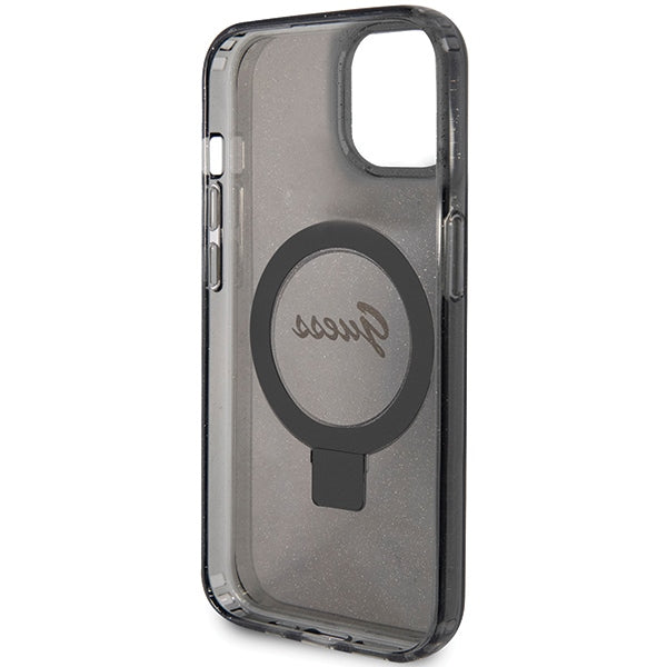 Guess MagSafe dėklas su žiedu-stovu iPhone 15 Plus/14 Plus – juodas