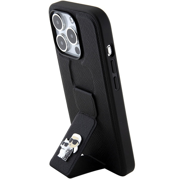 Karl Lagerfeld Gripstand Saffiano dėklas iPhone 15 Pro – juodas