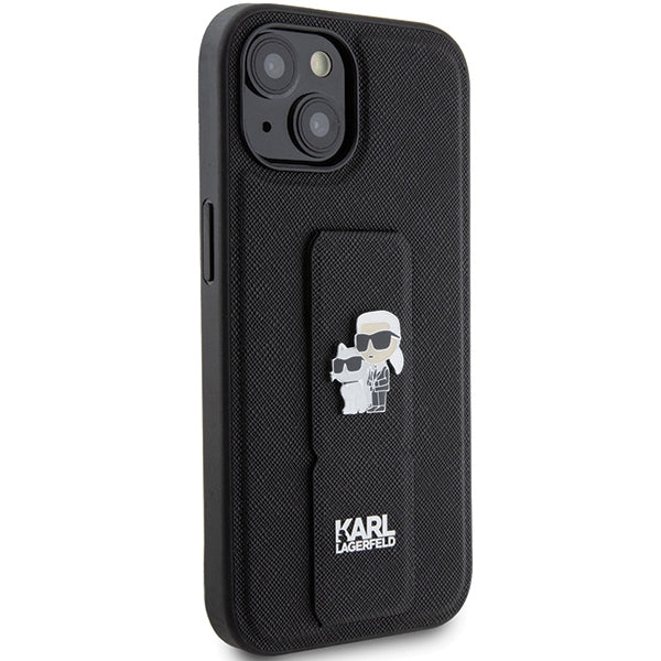 Karl Lagerfeld Gripstand Saffiano dėklas iPhone 15 Plus/14 Plus – juodas