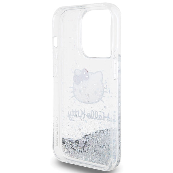 Hello Kitty blizgučių dėklas iPhone 15 Pro – sidabrinis