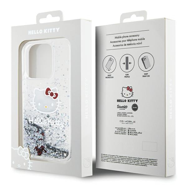 Hello Kitty blizgučių dėklas iPhone 15 Pro – sidabrinis