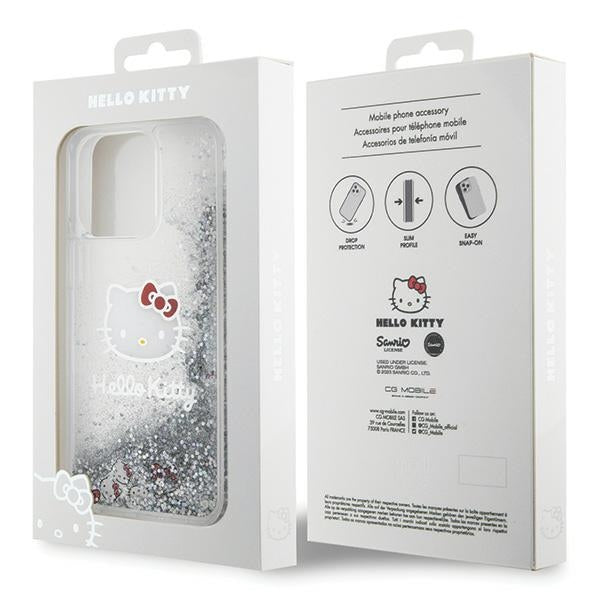 Hello Kitty blizgučių dėklas iPhone 15 Pro Max – sidabrinis
